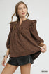 Umgee Bow Print Corduroy Puff Sleeve Blouse with Ruffled Brown Blouses