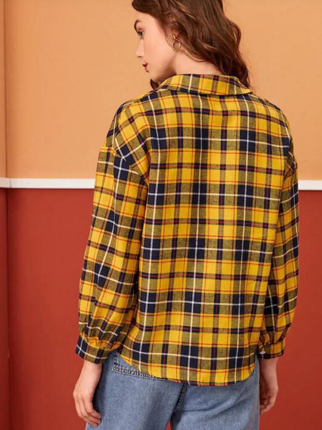 Daverri yellow and navy plaid flannel button down shirt with white grid lines
