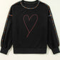 Valentine’s Day Rhinestone Heart Round Neck Long Sleeve Sweatshirt - DAVERRI FASHIONS