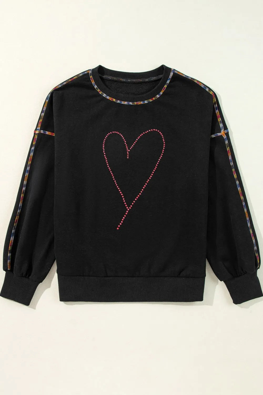 Valentine’s Day Rhinestone Heart Round Neck Long Sleeve Sweatshirt | Sweatshirts Daverri Fashions