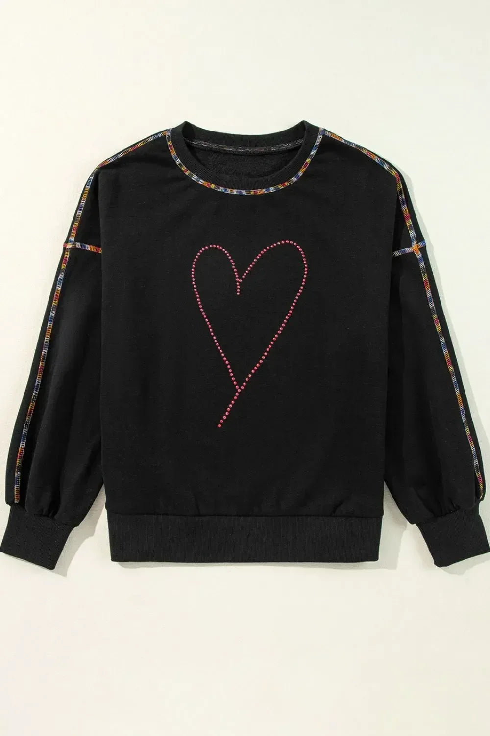 Valentine’s Day Rhinestone Heart Round Neck Long Sleeve Sweatshirt - DAVERRI FASHIONS