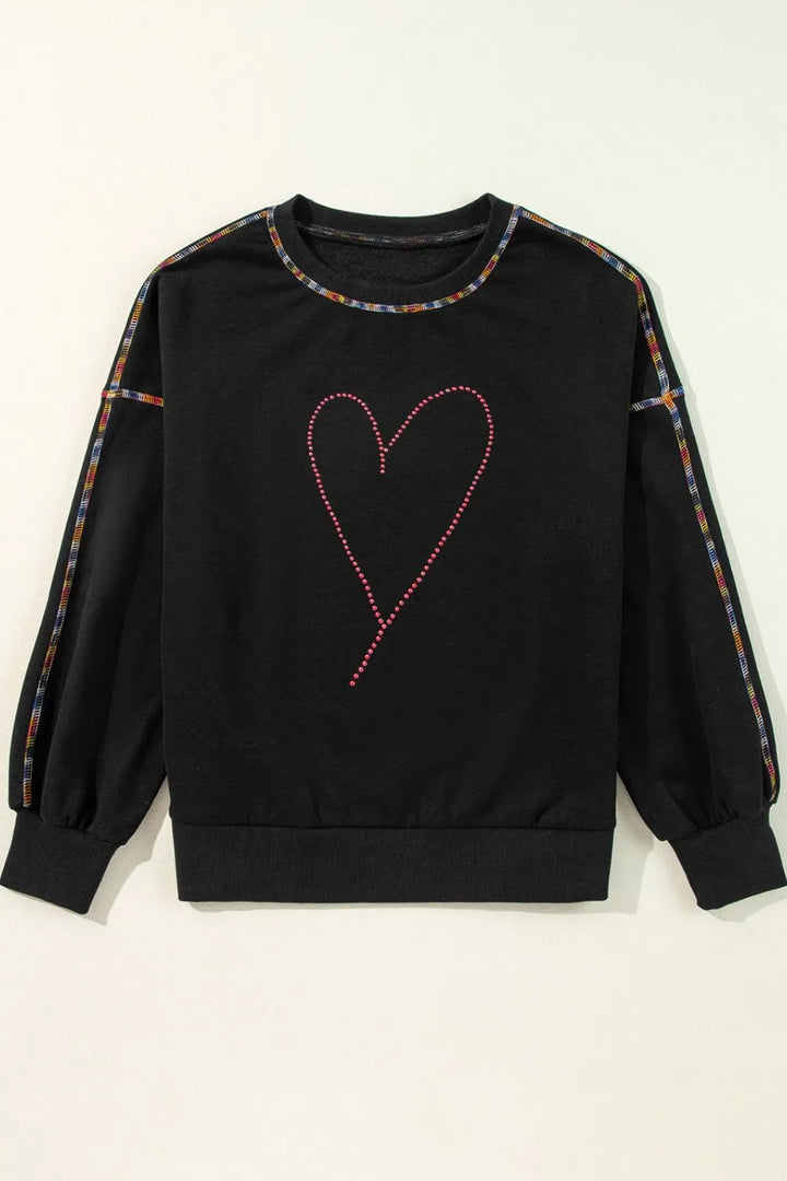 Valentine’s Day Rhinestone Heart Round Neck Long Sleeve Sweatshirt | Sweatshirts Daverri Fashions
