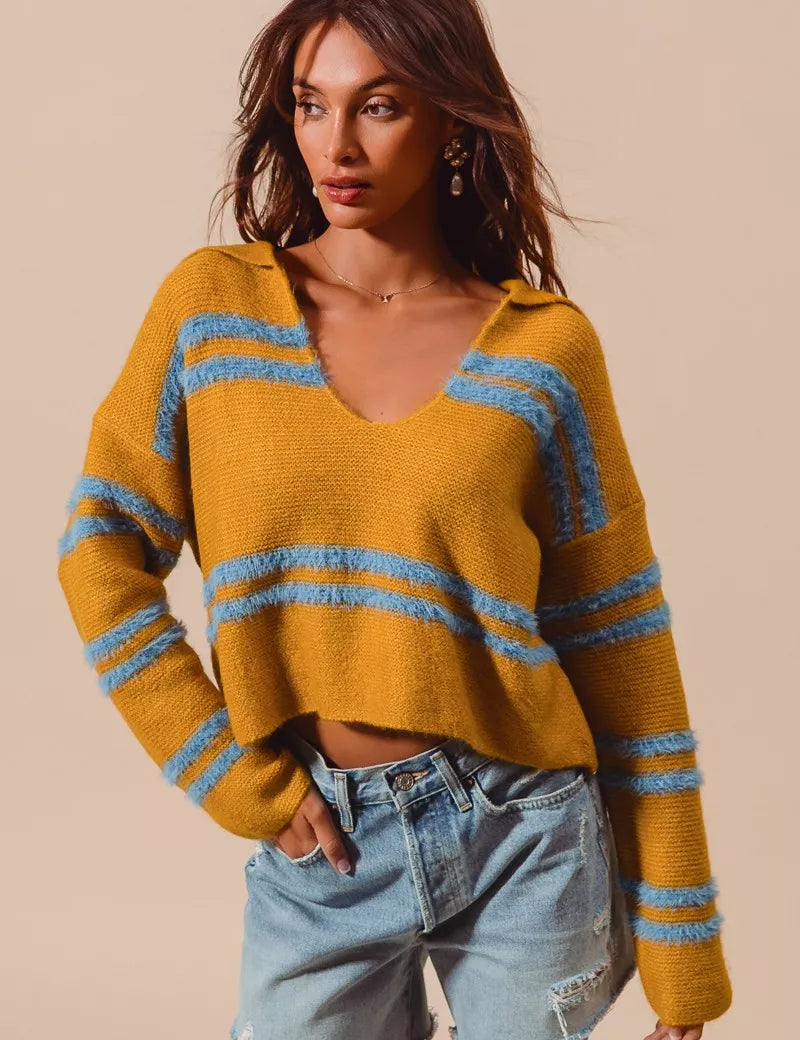 MUSTARD DT BLUE SO ME Fuzzy Hairy Stripe Deep U Neck Swetaer | Sweaters Daverri Fashions