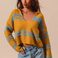 SO ME Fuzzy Hairy Stripe Deep U Neck Swetaer - DAVERRI FASHIONS