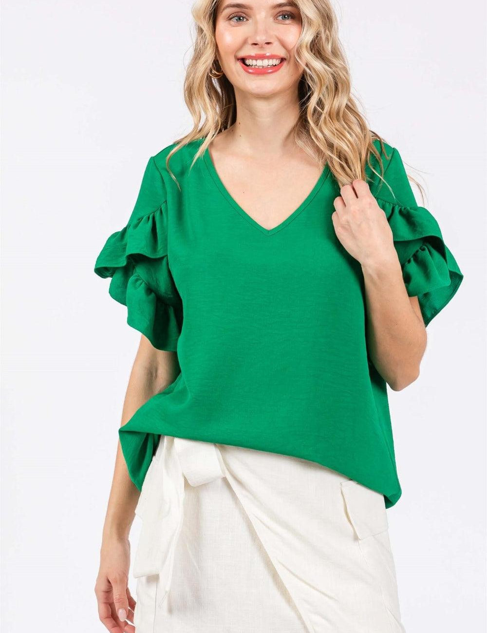 GeeGee Ruffled Short Sleeve V-Neck Blouse KELLY GREEN Shirts & Tops