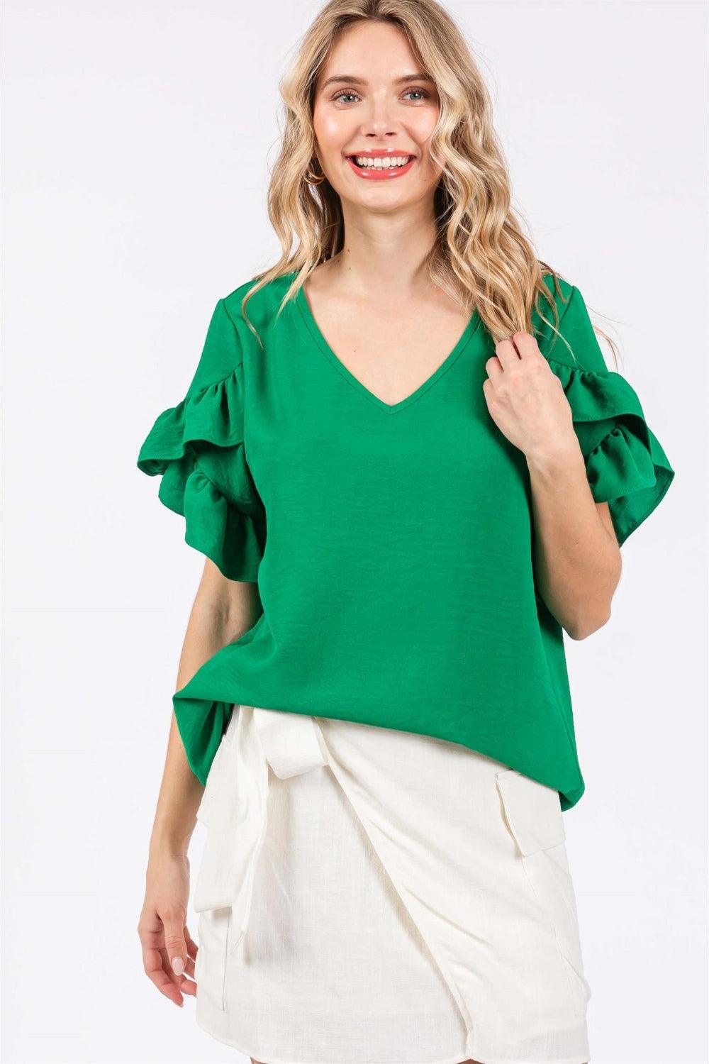 GeeGee Ruffled Short Sleeve V-Neck Blouse KELLY GREEN Shirts & Tops