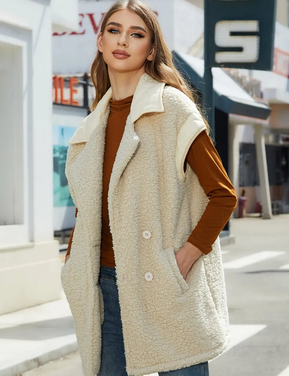 Fuzzy Collared Neck Button Up Vest Coat | Vest Jackets Daverri Fashions