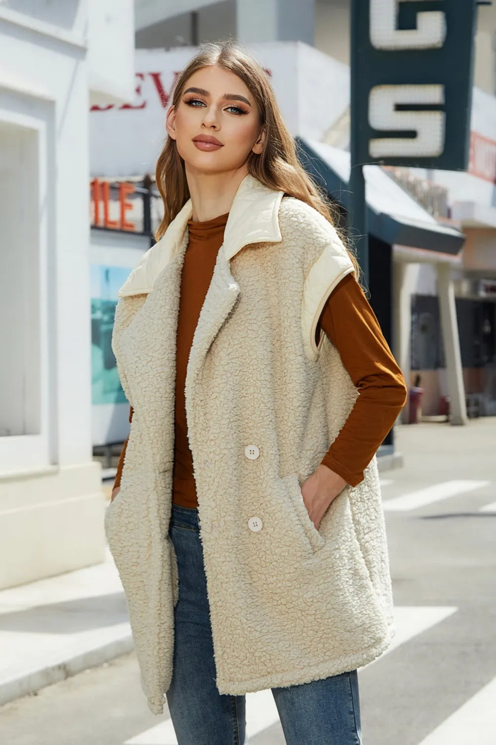 Fuzzy Collared Neck Button Up Vest Coat | Vest Jackets Daverri Fashions