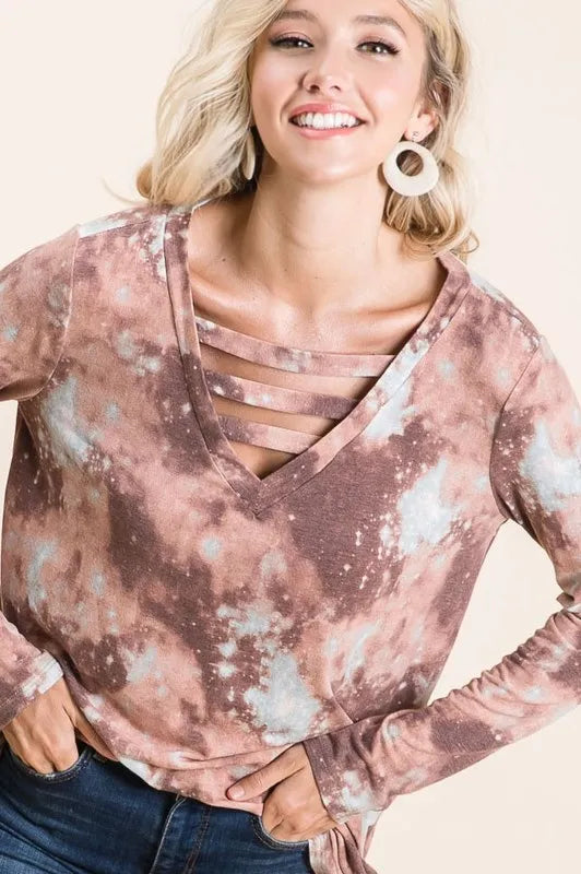 BiBi Tie Dye French Terry V-Neck Top