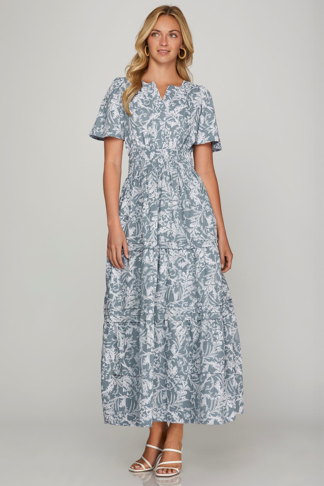 She + Sky Printed Notched Woven Tiered Pintuck Maxi Dress with Side Pockets Air Force Blue Maxi Dresses