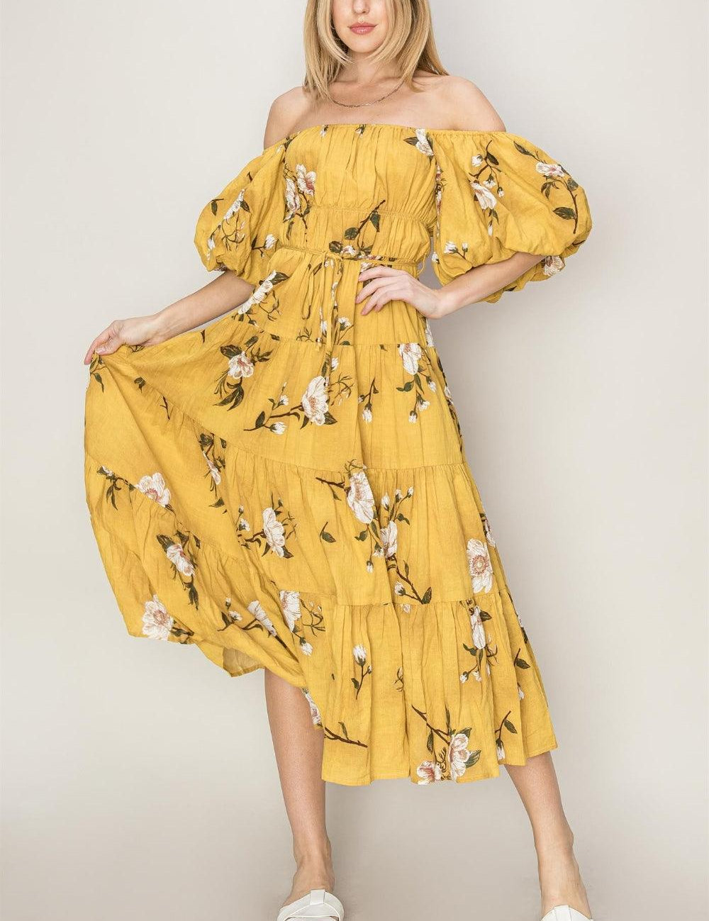 HYFVE Floral Puff Sleeve Tiered Dress MUSTARD M Maxi Dresses