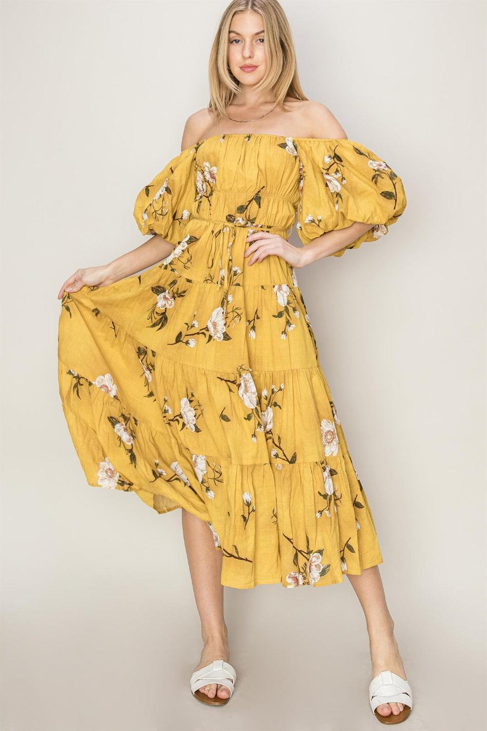 HYFVE Floral Puff Sleeve Tiered Dress MUSTARD M Maxi Dresses