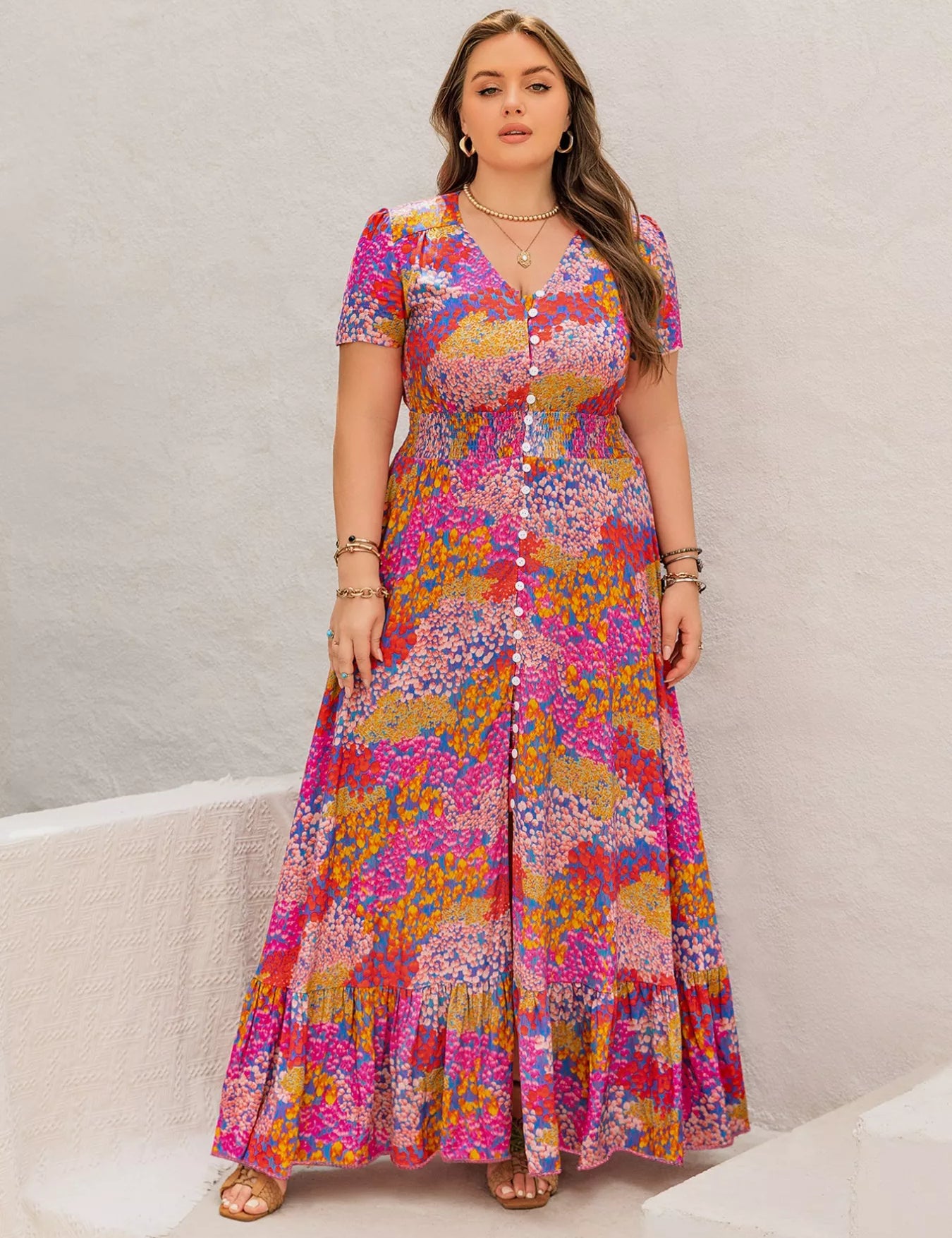Plus Size Printed V-Neck Short Sleeve Maxi Dress | Maxi Dresses Daverri Fashions