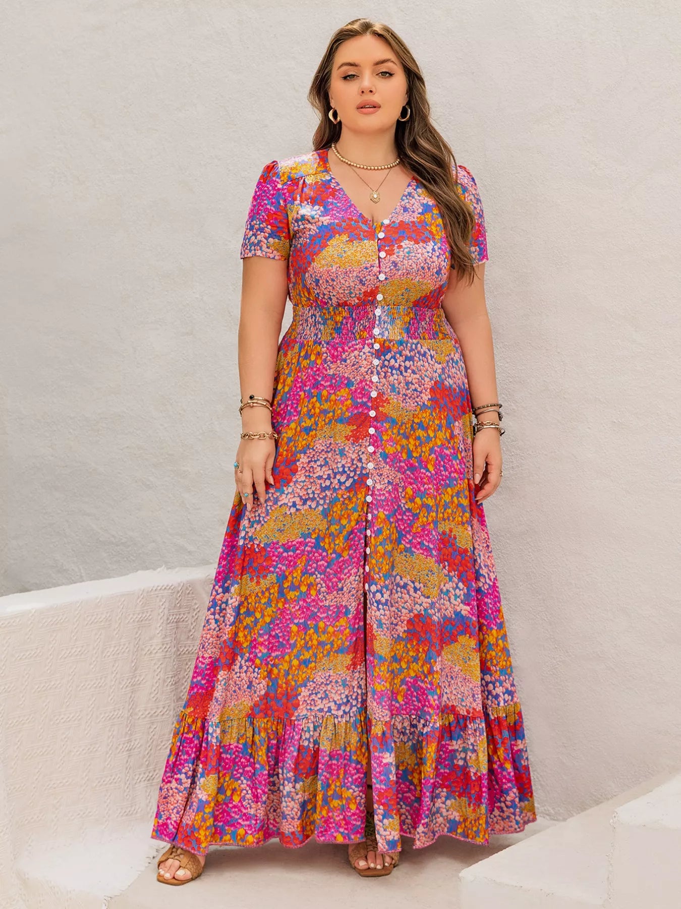 Plus Size Printed V-Neck Short Sleeve Maxi Dress | Maxi Dresses Daverri Fashions