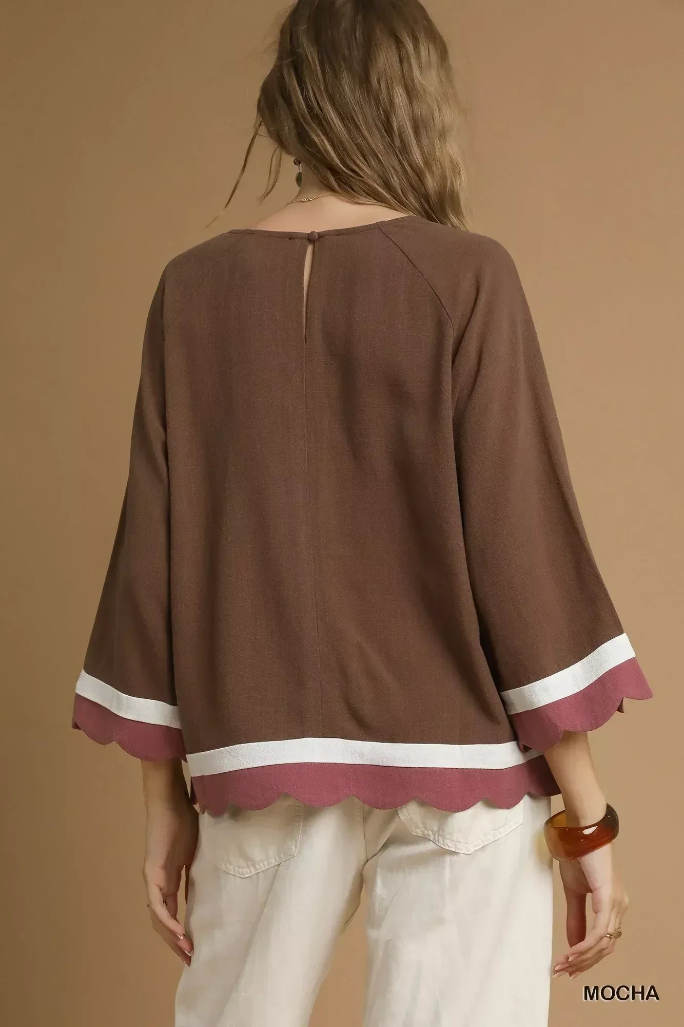 Umgee Scalloped Hem Color Block Top - DAVERRI FASHIONS