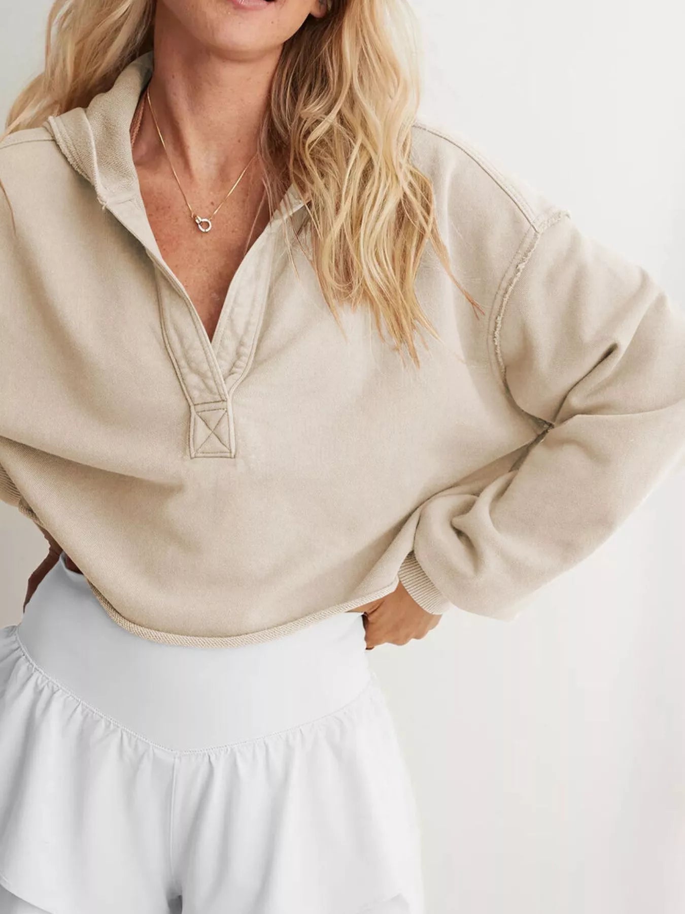 Beige Exposed Seam Dropped Shoulder Hoodie with half-zip and quilted neck