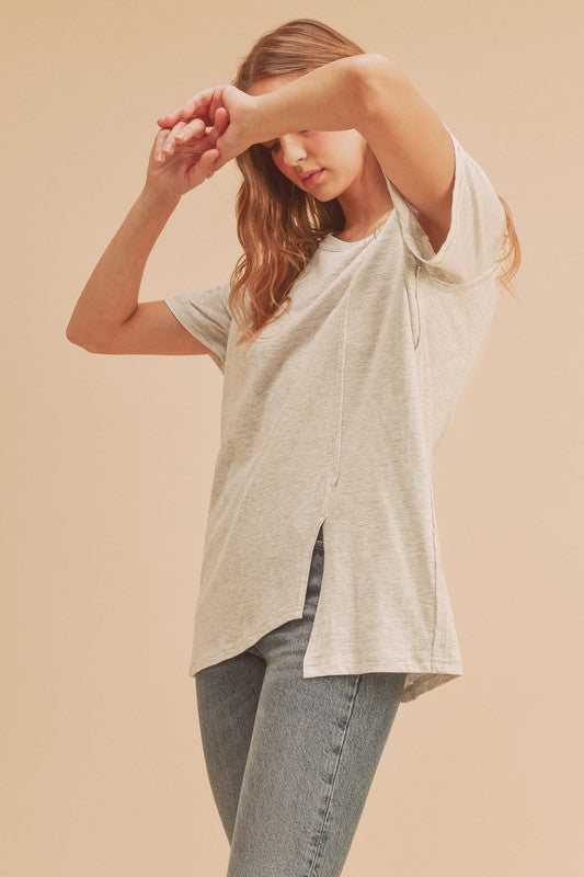 Aemi + Co Asymmetrical Front Slit Round Neck Raglan Sleeve T-Shirt