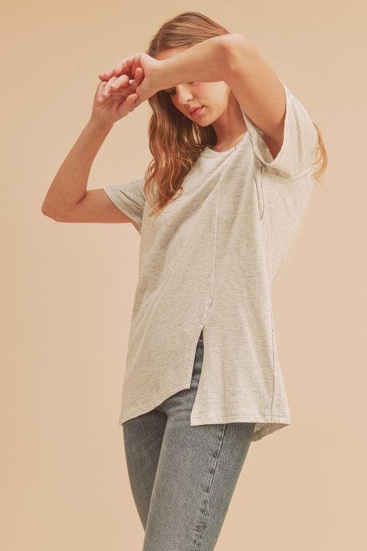 Aemi + Co Asymmetrical Front Slit Round Neck Raglan Sleeve T-Shirt T-Shirts