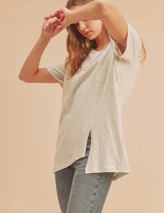 Aemi + Co Asymmetrical Front Slit Round Neck Raglan Sleeve T-Shirt | T-Shirts Daverri Fashions