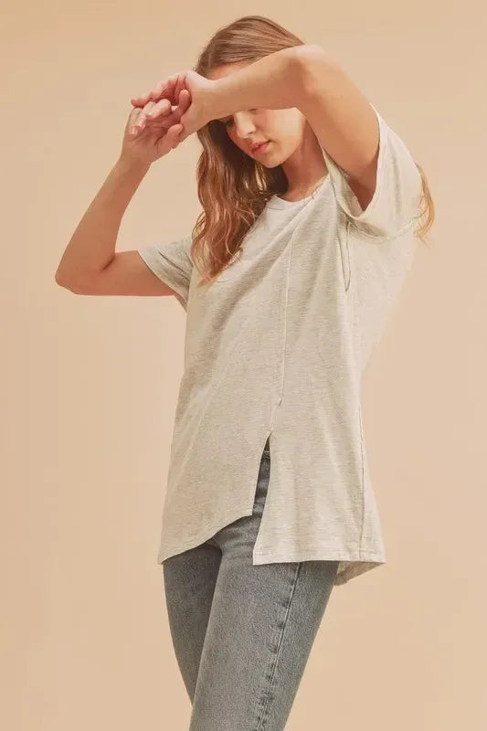 Aemi + Co Asymmetrical Front Slit Round Neck Raglan Sleeve T-Shirt - DAVERRI FASHIONS