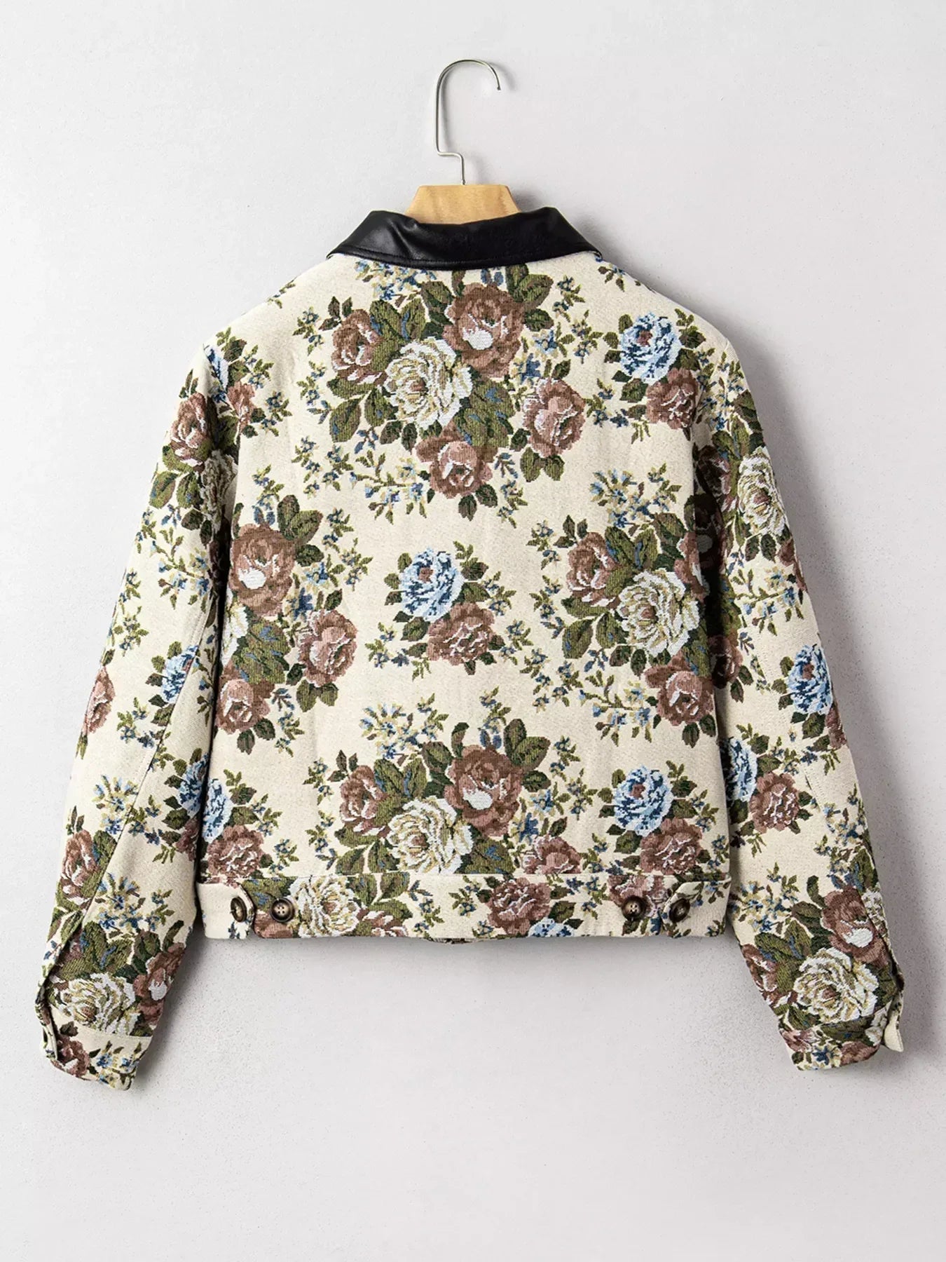 Vintage Floral Print Zip Up Contrast Collared Jacket - DAVERRI FASHIONS