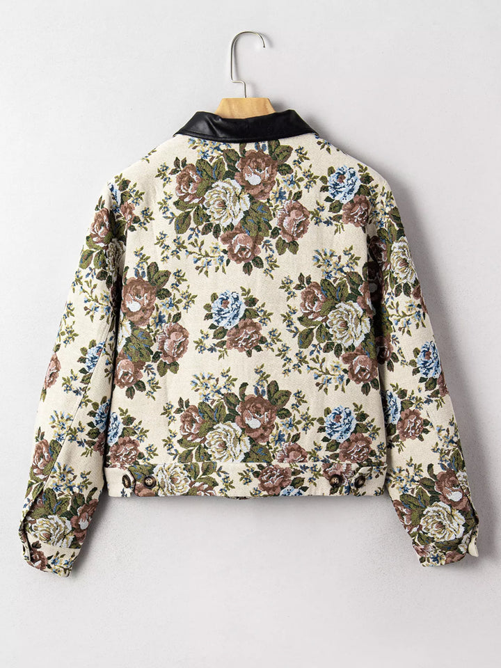 Vintage Floral Print Zip Up Contrast Collared Jacket | Jackets Daverri Fashions