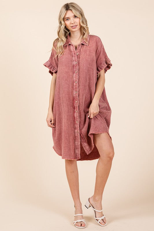 Mittoshop Mineral Wash Cotton Gauze Mini Shirt Dress