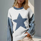 Double Take Full Size Star Pattern Raw Edge Long Sleeve Sweater - DAVERRI FASHIONS