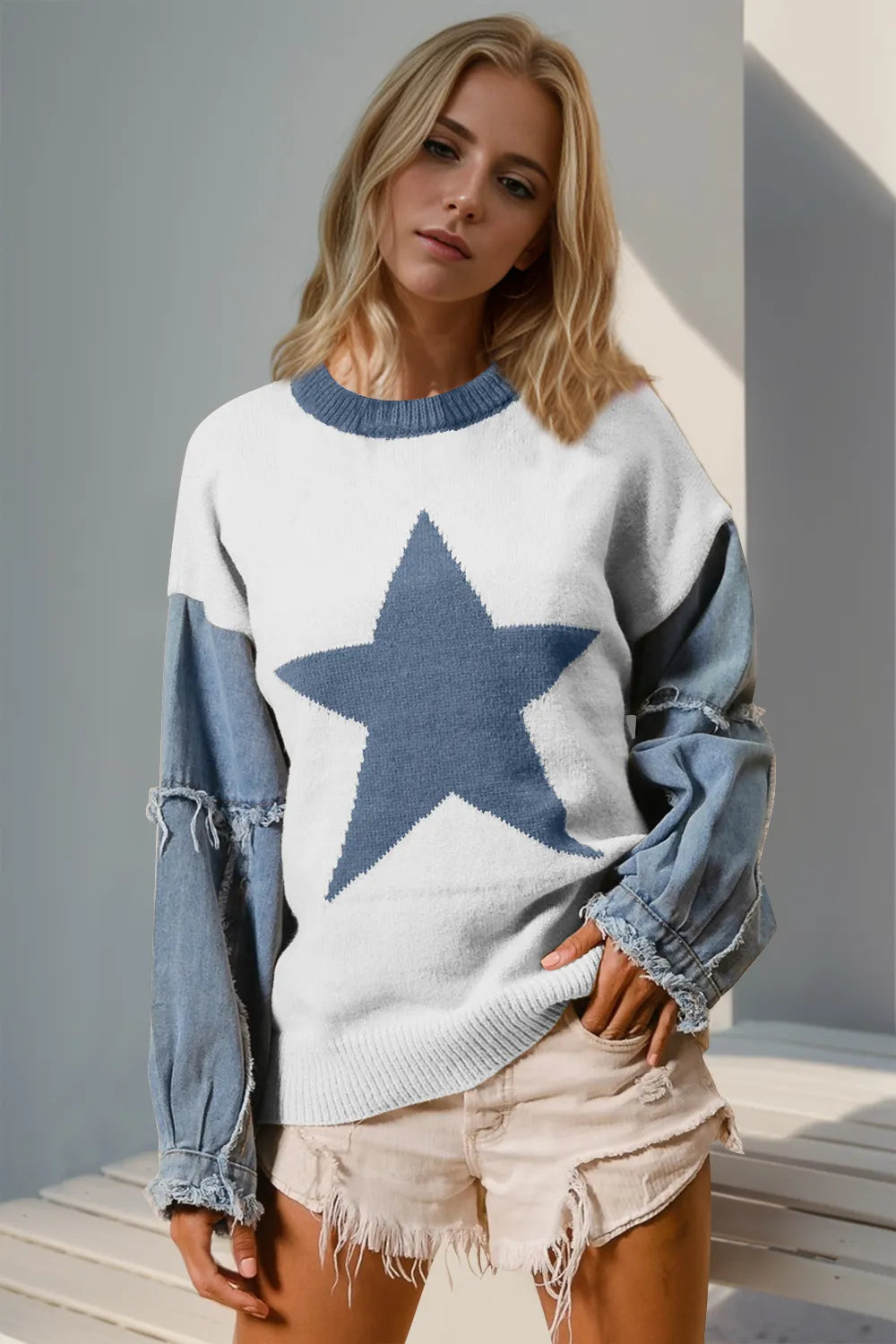 Double Take Full Size Star Pattern Raw Edge Long Sleeve Sweater White Sweaters