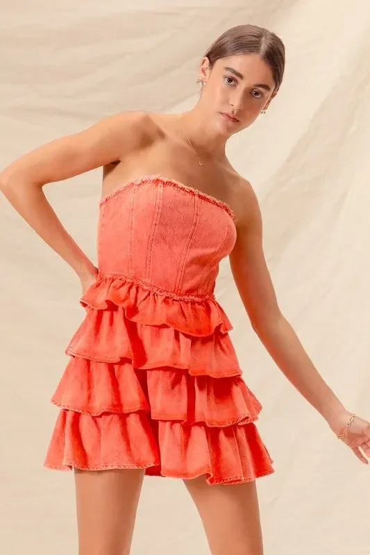 SO ME Strapless Ruffle Layered Game Day Cheer Up Dress - DAVERRI FASHIONS