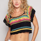 POL Openwork Ethnic Pattern Square Neck Cropped Knit Top Black L Tops