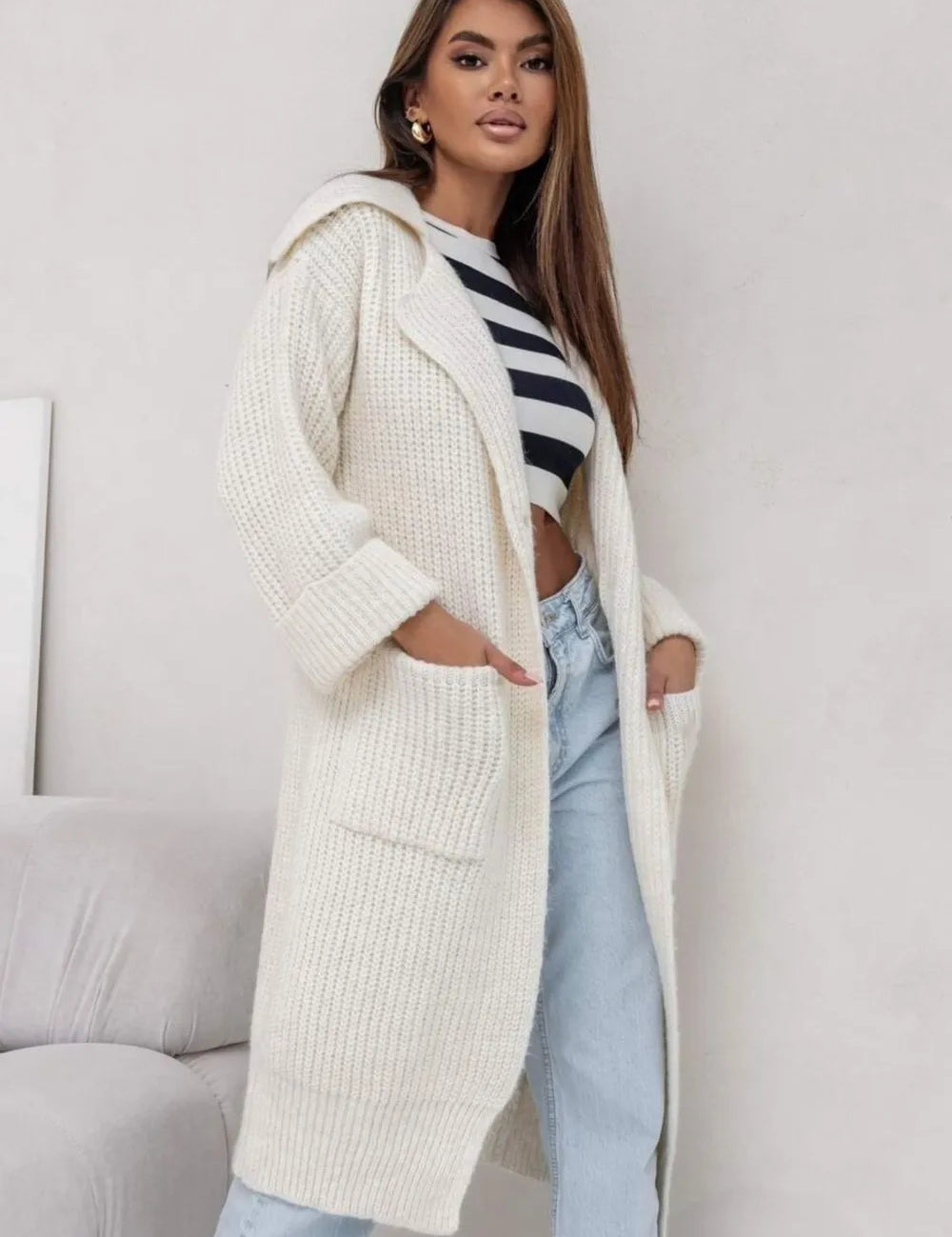 Cream One Size Pocketed Collared Neck Dropped Shoulder Cardigan | Cardigans Daverri Fashions