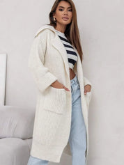 Cream One Size Pocketed Collared Neck Dropped Shoulder Cardigan | Cardigans Daverri Fashions