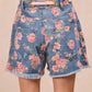 BiBi floral print denim shorts with pink rose pattern, frayed hem, gold belt loops