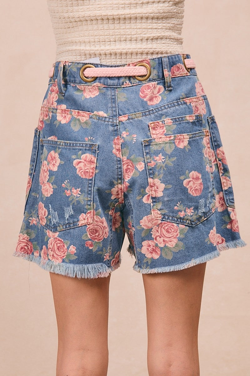 BiBi floral print denim shorts with pink rose pattern, frayed hem, gold belt loops