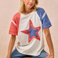 BiBi womens oversized raglan tee with patriotic star, white body, red blue sleeves