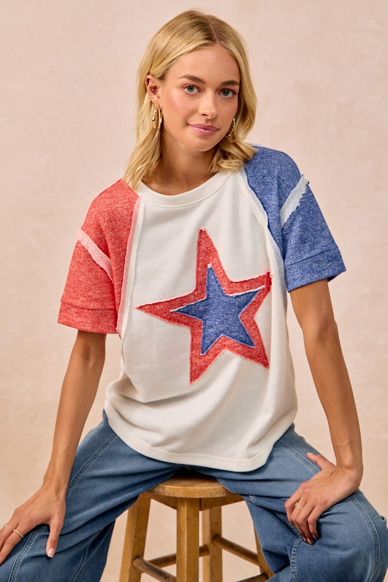 BiBi womens oversized raglan tee with patriotic star, white body, red blue sleeves