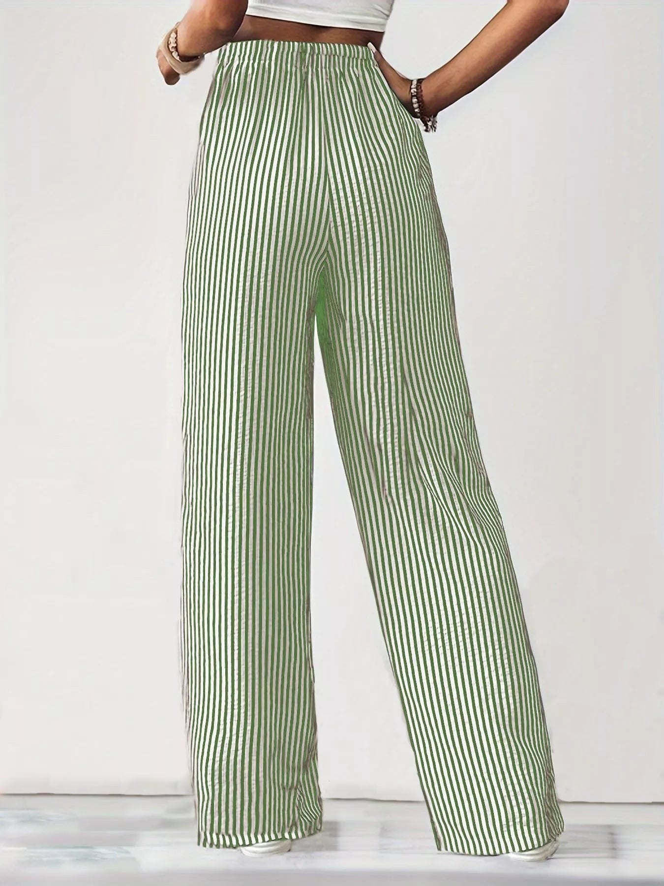 Daverri striped high-waisted wide-leg pants in green and white vertical stripes
