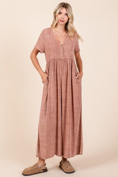 Mittoshop Mineral Wash Short Sleeve Flowy Wide Leg Jumpsuit