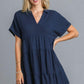 Umgee Full Size Raw Hem Folded Sleeve Tiered Dress Plus Size Dark Navy XL Mini Dresses