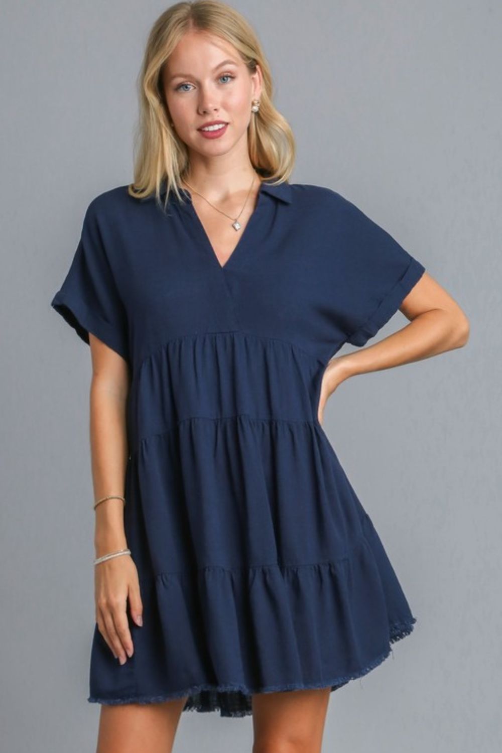 Umgee Full Size Raw Hem Folded Sleeve Tiered Dress Plus Size Dark Navy Mini Dresses