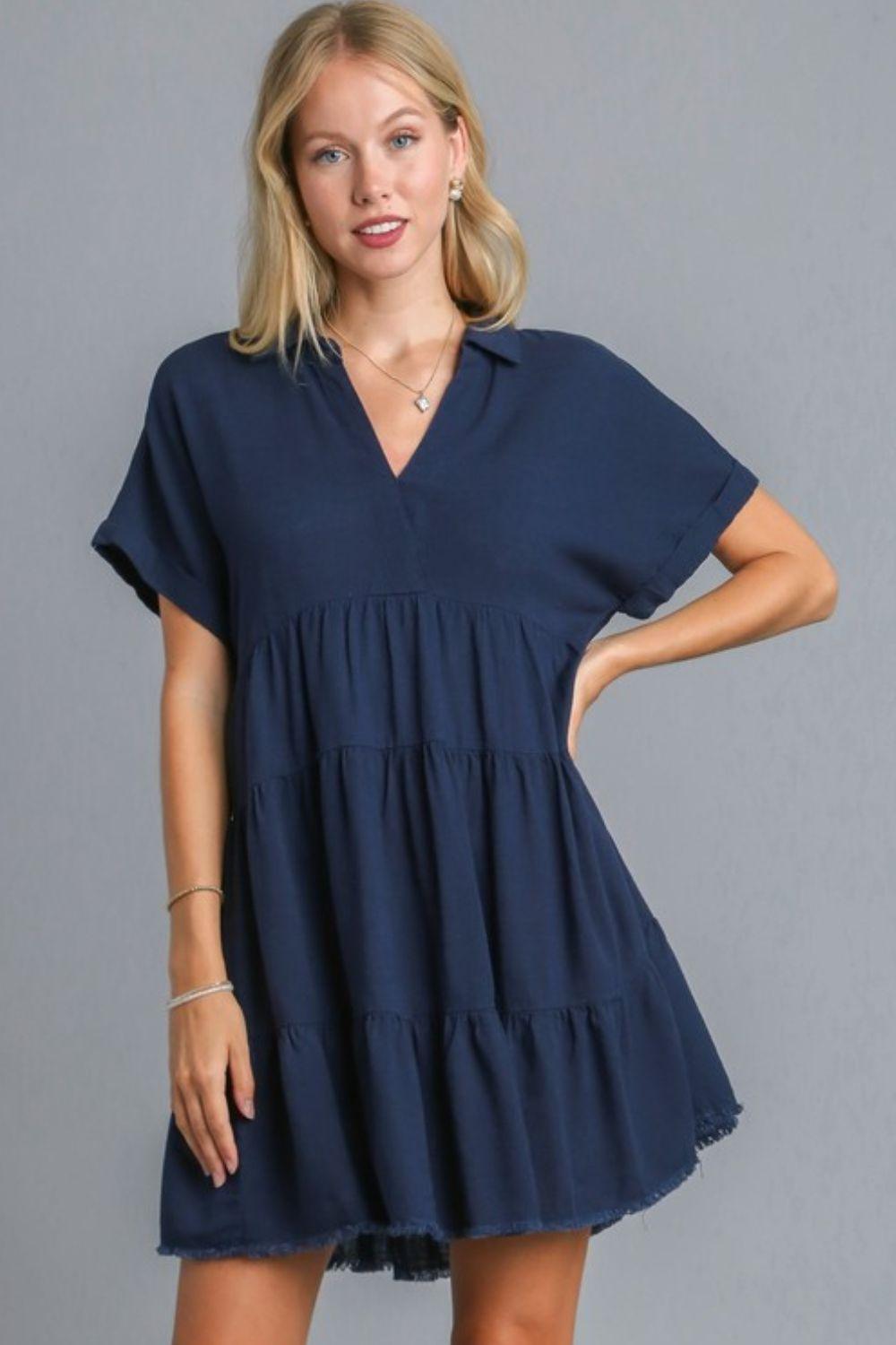 Umgee Full Size Raw Hem Folded Sleeve Tiered Dress Plus Size Dark Navy XL Mini Dresses