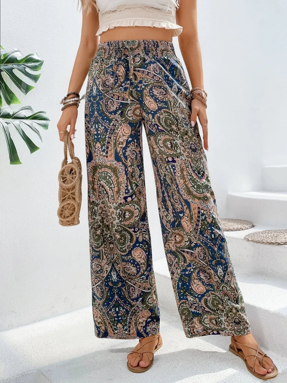 Dark Blue Printed Wide Leg Pants | Pants Daverri Fashions