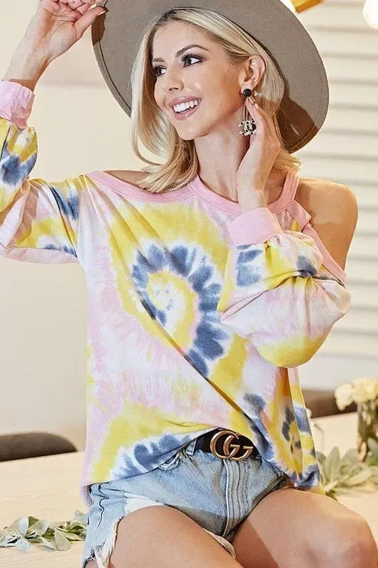 BiBi Tie Dye Print Terry Top with Cold Shoulder Detail - DAVERRI FASHIONS