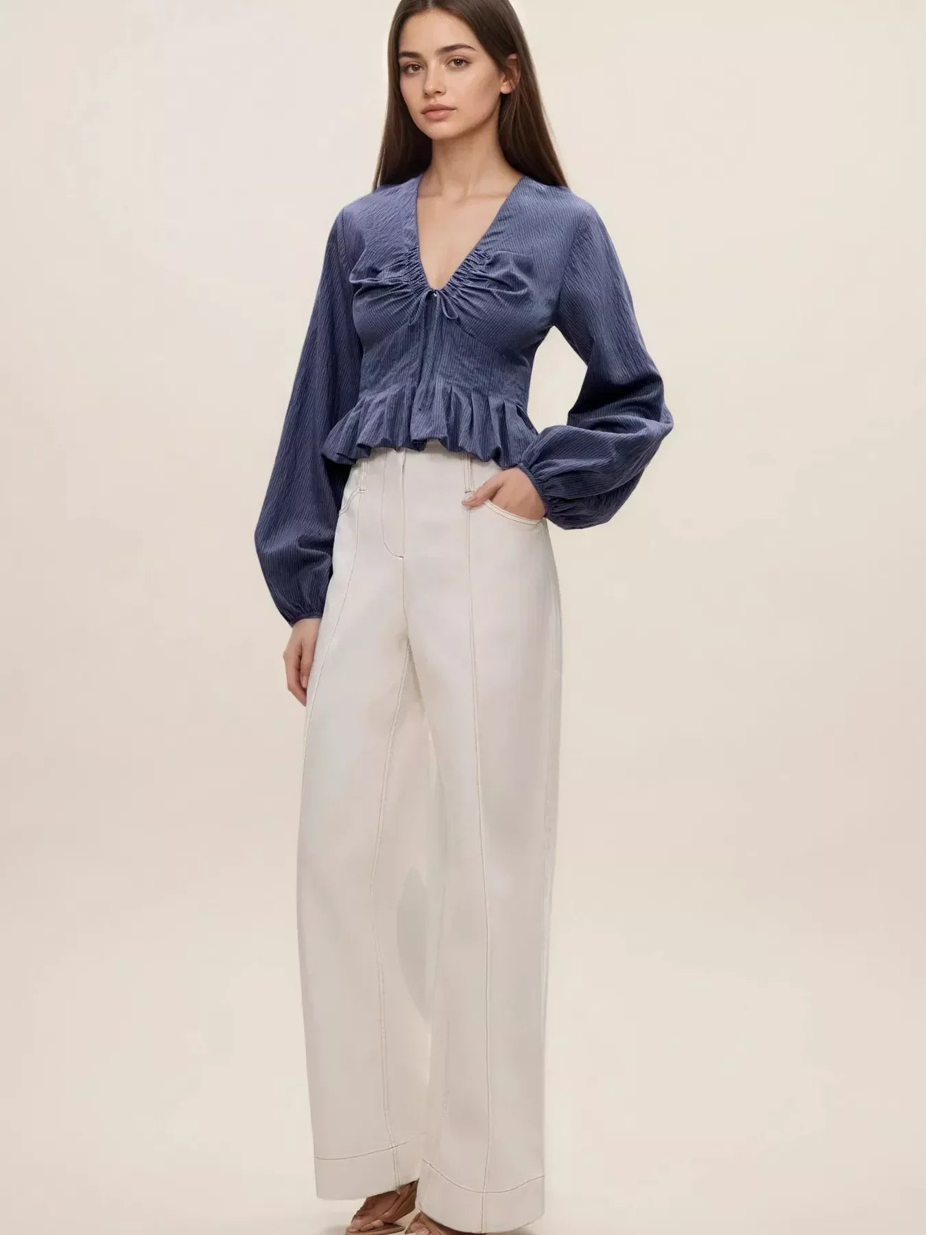 Ruffled Hem Balloon Sleeve Blouse - DAVERRI FASHIONS