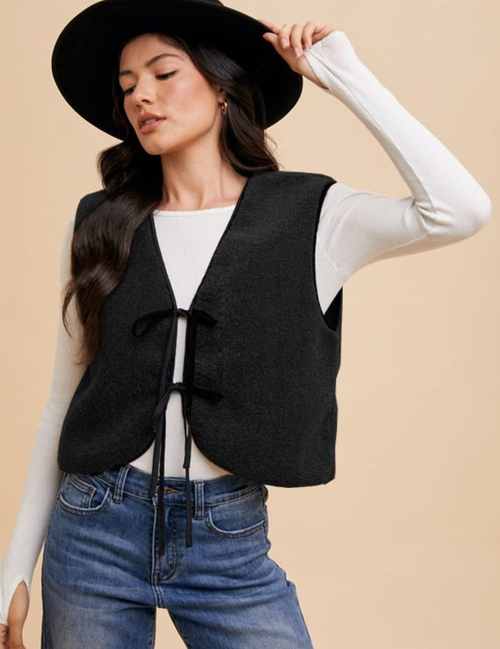 Annie Wear V-Neck Tie Detail Vest Coat Black Tops