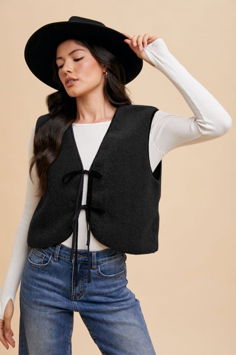 Annie Wear V-Neck Tie Detail Vest Coat Black Tops