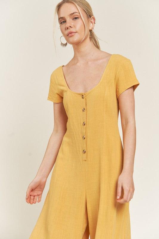 Button Down Short Sleeve Linen Jumpsuit Jumpsuits