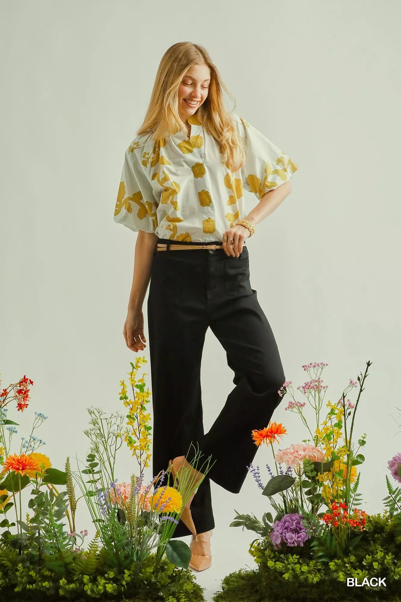 Woman in Umgee Button Stretched Pants with leaf blouse