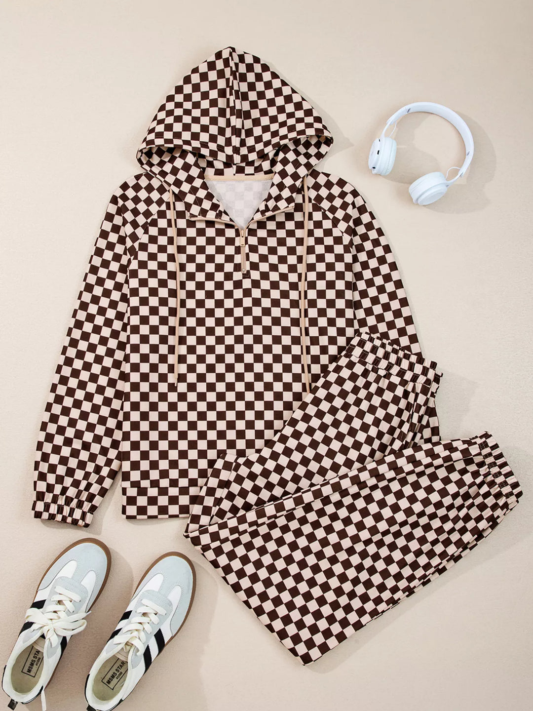 Checkered Drawstring Hoodie and Pants Set | Loungewear Sets Daverri Fashions